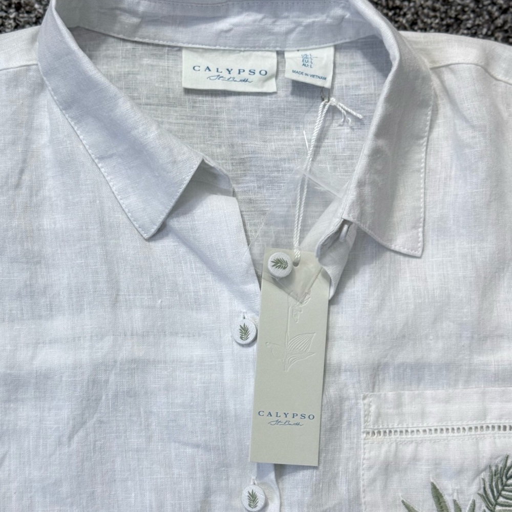 Calypso St. Barth White Button-Up Linen Tunic with Leaf Detail - Picture 7 of 14